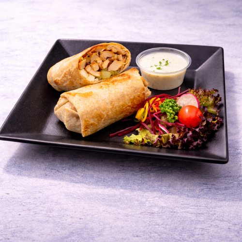 CHICKEN WRAP WITH SLICED HALLOUMI, POTATO AND YOGURT SAUCE